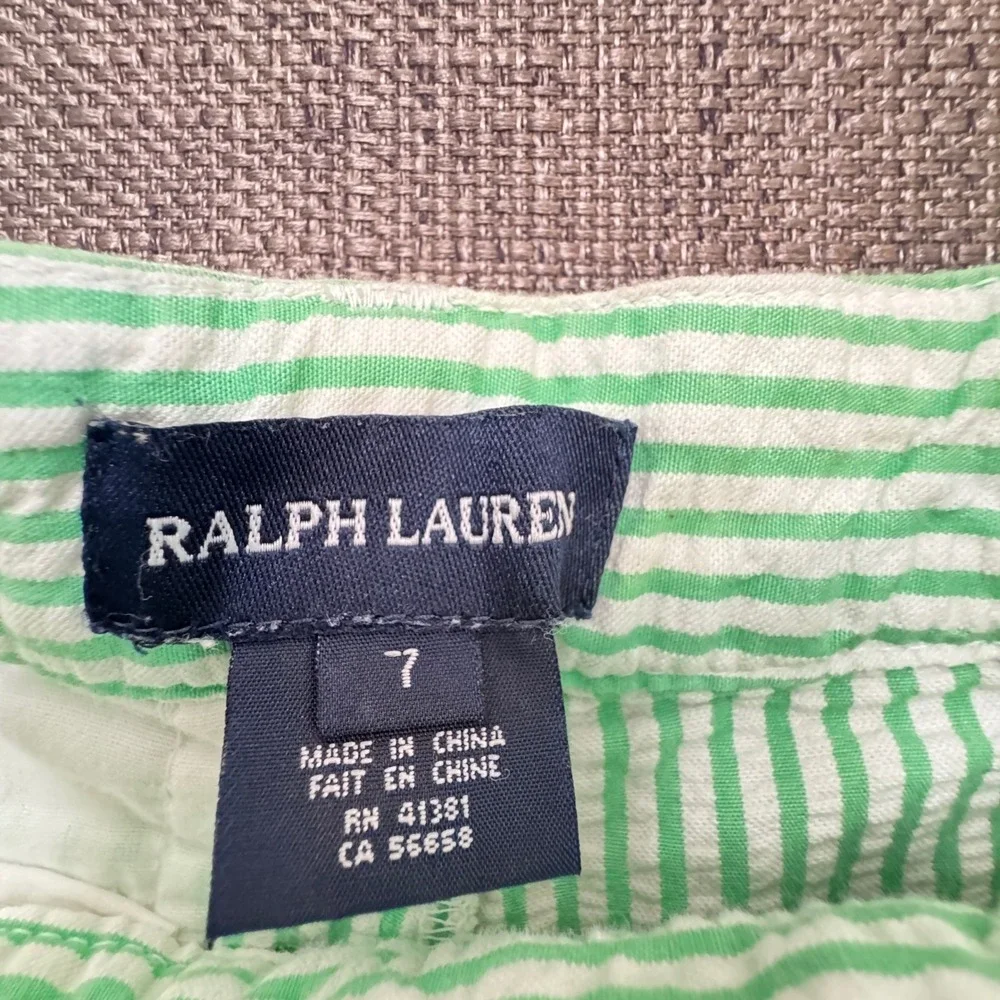 Ralph Lauren Girls Green White Striped Seersucker Shorts Size 7 Pony Logo